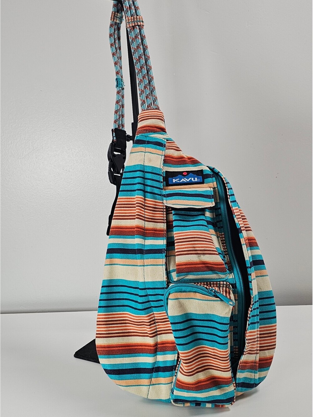 KAVU Striped Canvas Rope Bag with Multiple Pockets